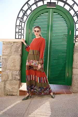 MissWhence 35813 Patchwork İpek Elbise-Oranj