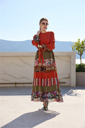 MissWhence 35813 Patchwork İpek Elbise-Oranj