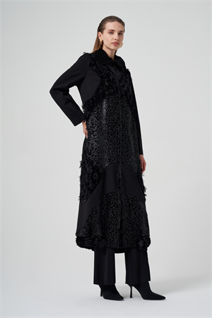 MissWhence 36410 Kadife Patchwork Pardesü - Siyah