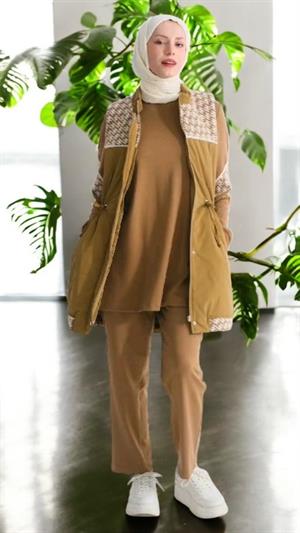 MODAL&KAPİTONE TUNİK YELEK PANTOLON TAKIM - CAMEL