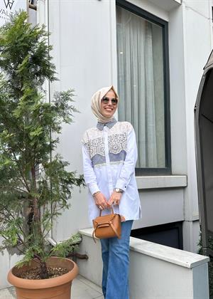 MOODBABİC BRODE DETAYLI ÇİZGİLİ GÖMLEK - LACİVERT