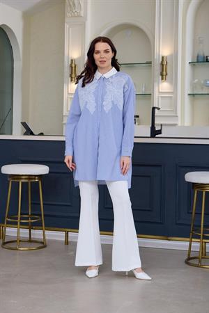 MOODBASIC DANTEL DETAYLI ÇİZGİLİ GÖMLEK - MAVİ