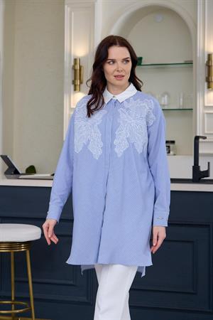 MOODBASIC DANTEL DETAYLI ÇİZGİLİ GÖMLEK - MAVİ