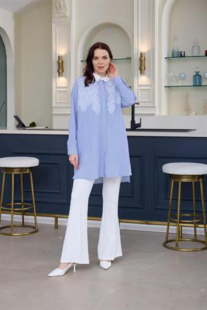MOODBASIC DANTEL DETAYLI ÇİZGİLİ GÖMLEK - MAVİ