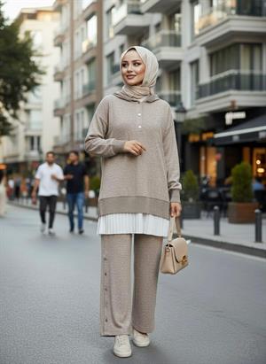 Moodbasic MB30.40 KAPÜŞONLU SERPME ÜÇLÜ TRİKO TAKIM - KAHVERENGİ