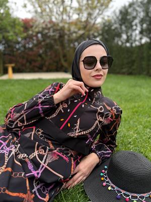Moodbasic PÜSKÜL ZİNCİR DESENLİ TESETTÜR MAYO - SİYAH