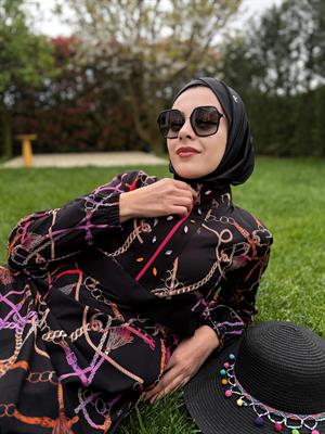 Moodbasic PÜSKÜL ZİNCİR DESENLİ TESETTÜR MAYO - SİYAH