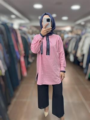 MOODBASIC RENKLİ GARNİLİ ÇİZGİLİ GÖMLEK - FUŞYA