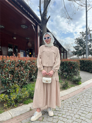 MOODBASIC ŞERİT DETAYLI KETEN TAKIM - BEJ