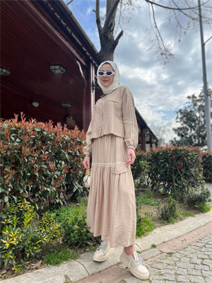 MOODBASIC ŞERİT DETAYLI KETEN TAKIM - BEJ