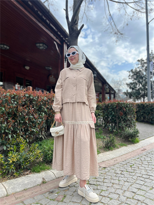 MOODBASIC ŞERİT DETAYLI KETEN TAKIM - BEJ