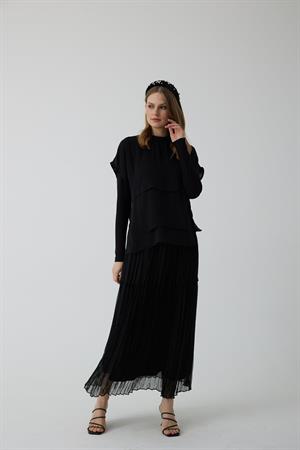 MoodBasic Şifon Katlı İkili Bluz - Siyah