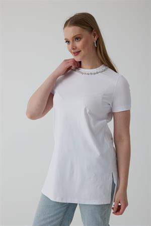 Moodbasic Taşlı Şeritli T-Shırt - Ekru