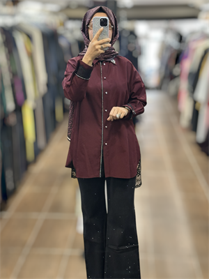 MY312 27W8906 ARKASI DANTELLİ TUNİK - BORDO