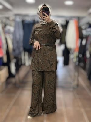 ON FASHION 26K.ON.GML.64320.01 DESENLİ KEMERLİ UZUN GÖMLEK -KAHVE