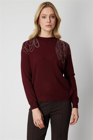 ON FASHION 26K.ON.KZK.60462.01 On Omzu Taşlı Triko Kazak - Bordo