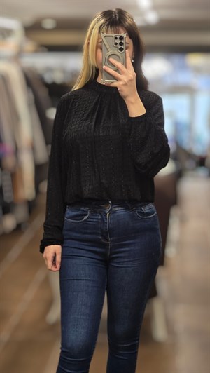 ON FASHION 26Y.ON.BLZ.72349.01 BALON YARIM BALIKÇI UZUN KOL BLUZ - SİYAH 