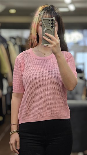 ON FASHION 26Y.ON.BLZ.79307.01 SIFIR YAKA KISA KOL BLUZ - PEMBE