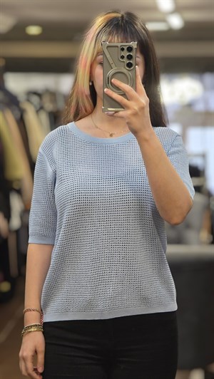 ON FASHION 26Y.ON.BLZ.79307.01 SIFIR YAKA KISA KOL BLUZ - MAVİ