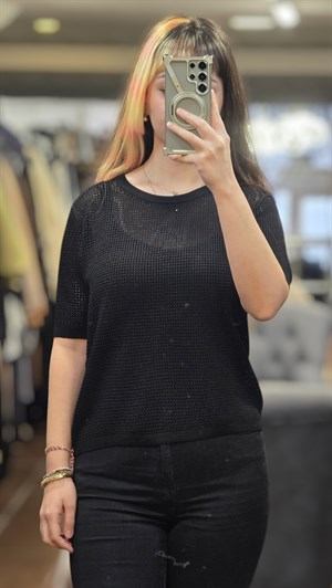 ON FASHION 26Y.ON.BLZ.79307.01 SIFIR YAKA KISA KOL BLUZ - SİYAH