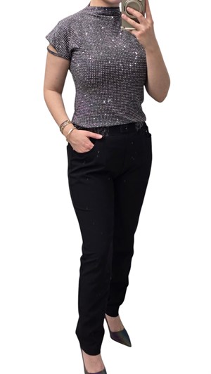 ON FASHION 26Y.ON.PNT.78103.01 BELİ LASTİKLİ TAŞLI BİLEK BOY PANTOLON - SİYAH