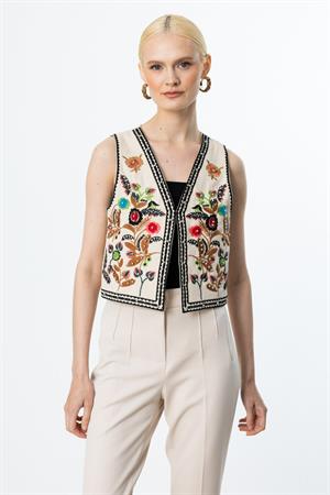 ON FASHION 56988 ÖNÜ İŞLEMELİ YELEK - EKRU