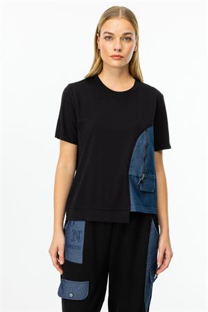 ON FASHION ASİMETRİK KESİM DENİM DETAYLI KISA KOL BLUZ - SİYAH
