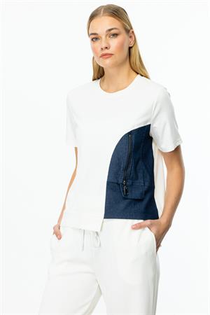 ON FASHION ASİMETRİK KESİM DENİM DETAYLI KISA KOL BLUZ - EKRU