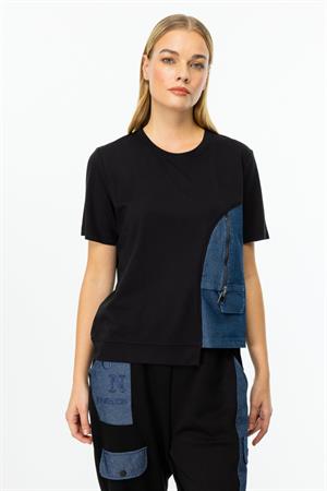 ON FASHION ASİMETRİK KESİM DENİM DETAYLI KISA KOL BLUZ - SİYAH