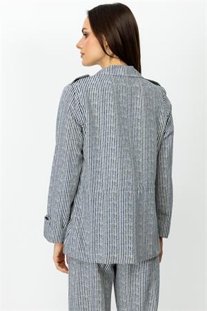 ON FASHION Beli Bağcıklı Çizgili Ceket - Lacivert