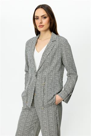 ON FASHION Beli Bağcıklı Çizgili Ceket - SİYAH