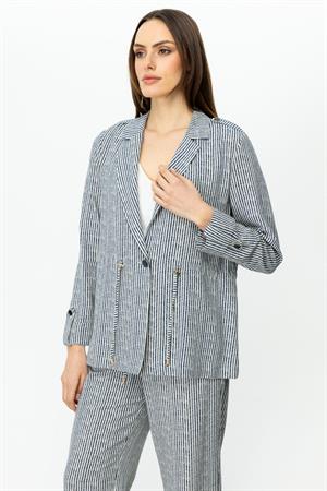 ON FASHION Beli Bağcıklı Çizgili Ceket - Lacivert