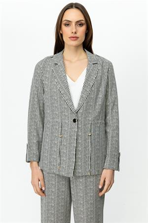 ON FASHION Beli Bağcıklı Çizgili Ceket - SİYAH