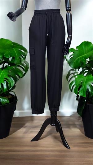 ON FASHION Beli Bağcıklı Kargo Cepli Paçası Lastikli Pantolon - Siyah