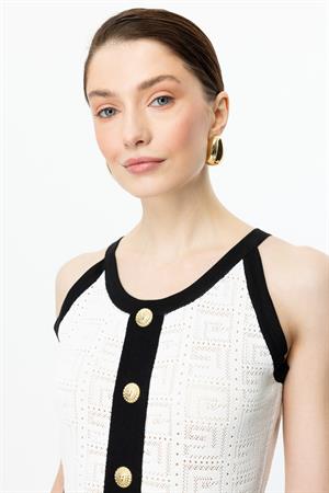 ON FASHION BELİ SİYAH ŞERİTLİ GOLD DÜĞMELİ KOLSUZ ELBİSE - EKRU
