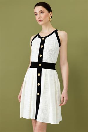 ON FASHION BELİ SİYAH ŞERİTLİ GOLD DÜĞMELİ KOLSUZ ELBİSE - EKRU