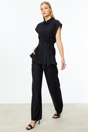 ON FASHION BOL ÇİZGİLİ PANTOLON - SİYAH