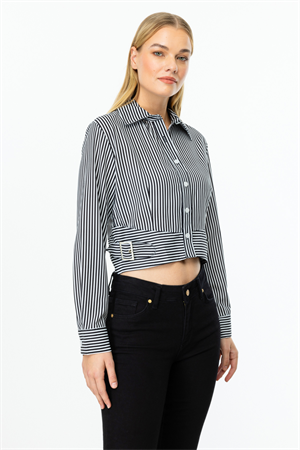 ON FASHION CEPLİ YANLARI KEMER DETAYLI GÖMLEK - ÇİZGİLİ SİYAH