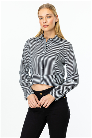ON FASHION CEPLİ YANLARI KEMER DETAYLI GÖMLEK - ÇİZGİLİ SİYAH