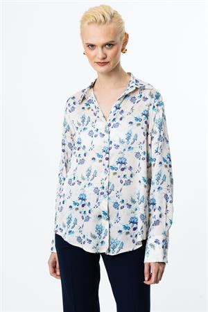 ON FASHION ÇİÇEK DESENLİ V YAKA GÖMLEK - MAVİ