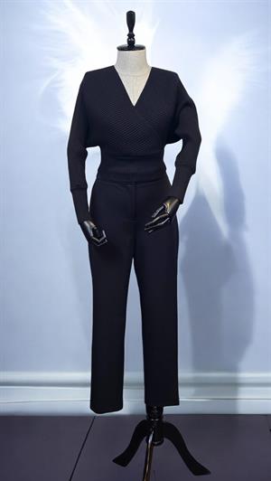 ON FASHION FİYONLU ÖN ARKA V KAZAK - SİYAH