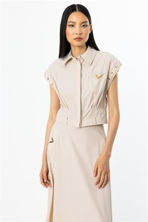 ON FASHION KOLLARI KUSGOZU DETAYLI CROP GOMLEK - BEJ
