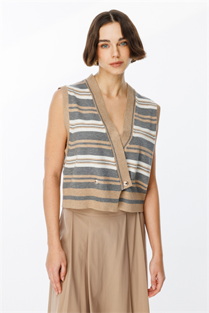 ON FASHION KRUVAZE ÇİZGİLİ SÜVETER - BEJ