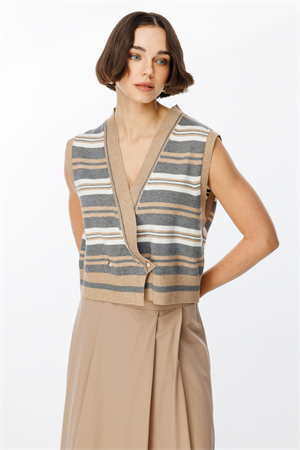 ON FASHION KRUVAZE ÇİZGİLİ SÜVETER - BEJ