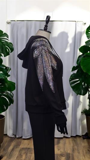 ON FASHION Önü Fermuarlı Omuzları Taş Detaylı Eşofman Üst - Siyah