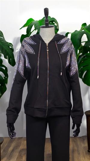 ON FASHION Önü Fermuarlı Omuzları Taş Detaylı Eşofman Üst - Siyah