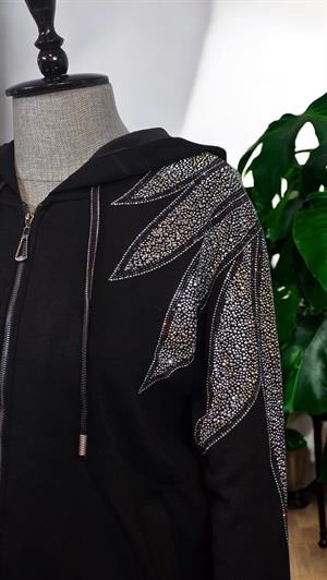 ON FASHION Önü Fermuarlı Omuzları Taş Detaylı Eşofman Üst - Siyah
