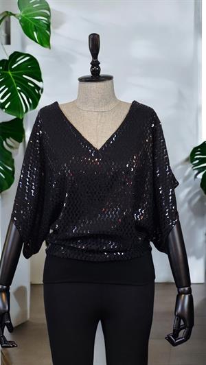 ON FASHION Pullu V :Yaka Bluz - Siyah