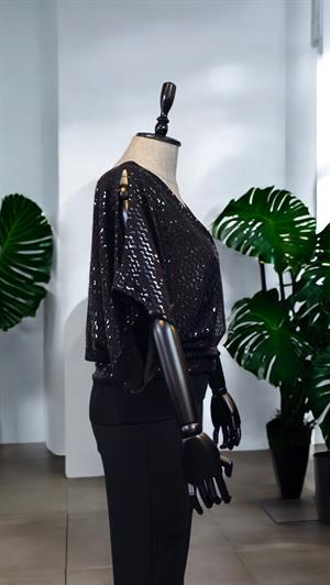 ON FASHION Pullu V :Yaka Bluz - Siyah