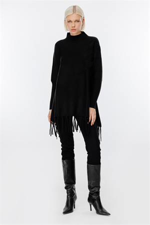 ON FASHION Püskül Detaylı Panço - Siyah